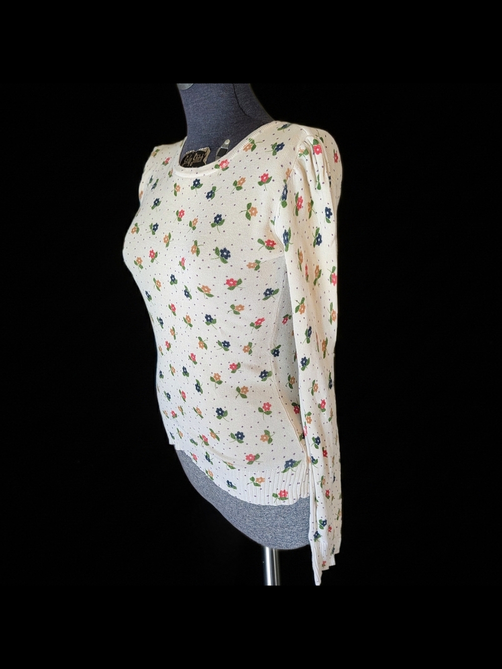 Lux Cream Floral Long-Sleeve Crewneck Knit Top Size M - Picture 2 of 9